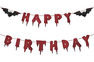 PHOTKEN Red Glittery Happy Birthday Halloween Banner - Halloween Hanging Paper Garland Bunting Banner Bloody Bat Vampire Decorations, Photo Backdrop for Wall Home Mantle Office Wall Scary Party Supplies