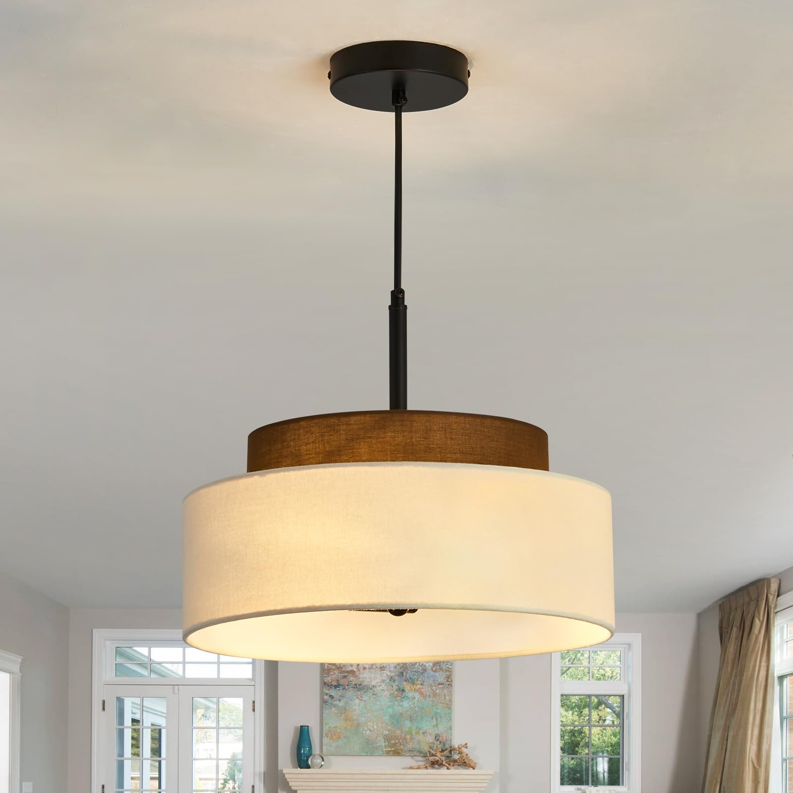 Photo 1 of Qgiytp 3-Light Farmhouse Pendant Light Fixture 2-Tier Drum Pendant Lighting with Fabric Shade 13inch Rustic Hanging Chandelier for Living Room Kitchen Dining Room Bedroom Entryway