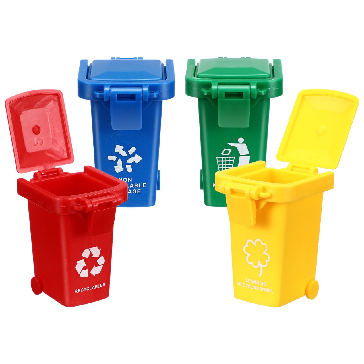 4Pcs Mini Garbage Sorting Toy Bin Set for Kids - Assorted Color Trash can with Wheels for Early Education and Desk Organization