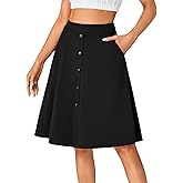 LYANER Women's Knee Length Casual Skirt Stretchy Button High Waist A-Line Flared Vintage Midi Skirts with Pocket