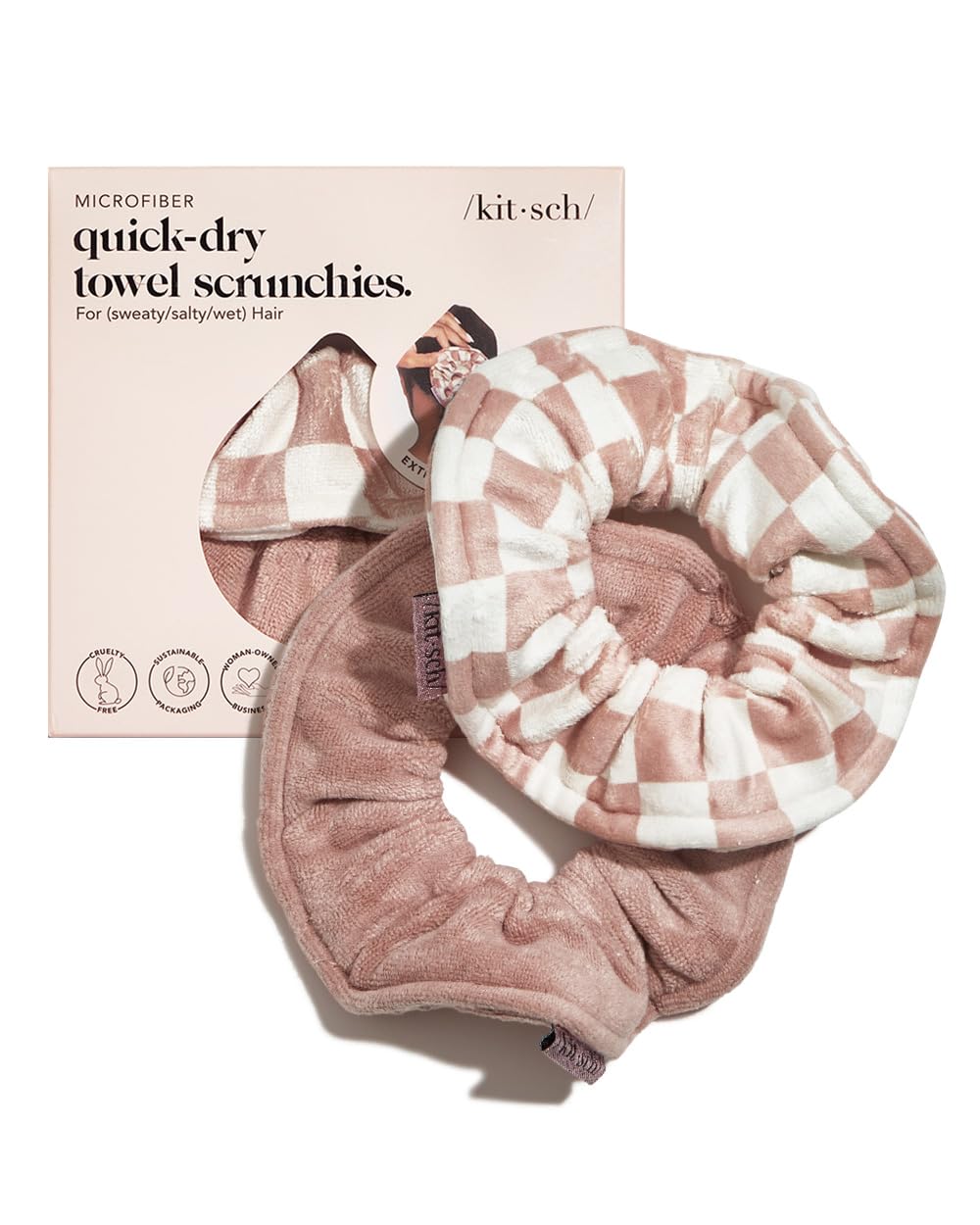 Kitsch Microfiber Hair Towel Scrunchie - Soft Large Scrunchies for Women - Scrunchies for Thick Hair - Highly Absorbent Towels | Ideal Gifts for Women - 2 pcs (Terracotta, Checkered)