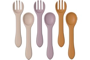 YAHAA 6 Packs Silicone Baby Feeding Spoons and Forks Set, Infant Baby LED Weaning Spoons Feeding Supplies, Toddler Utensils for 6 Months+ (Khaki Purple Yellow)