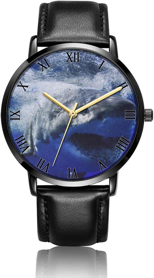 Whiterbunny Customized Shark Wrist Watch Unisex Analog Quartz Fashion Black Leather Bracelet Wristwatch for Women and Men
