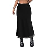 Avanova Women Mesh Long Skirts Elastic High Waisted Mermaid Hem 90s Grunge Maxi Skirt Black Medium