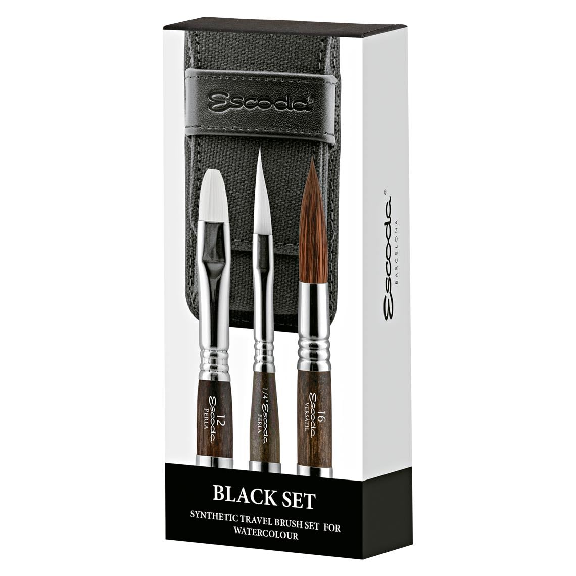 ESCODA Set 3 Watercolor Brushes - Black Travel Set N.16,1/4",12 Round Pointed Dagger Bright Synthetic Hair Versatil Perla Series Canvas Case Professional Handmade in Barcelona.