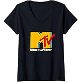 Womens MTV Retro Eighties Neon Primary Color Pop Art Logo V-Neck T-Shirt