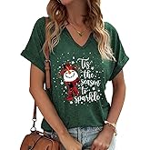 Womens V Neck Christmas Shirt Merry Christmas Holiday Graphic Tees Family Holiday Xmas T-Shirts Gift Tops