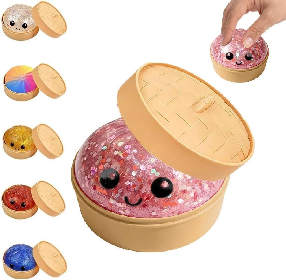 Glitter Dumpling Squishies, 2026 Upgrade Dumpling Squishies Mystery Box, Colorful Dumplings Stress Balls Fidget Sensory Toy, Stocking Stuffers with Food Steamer Stretchy Desk Toys