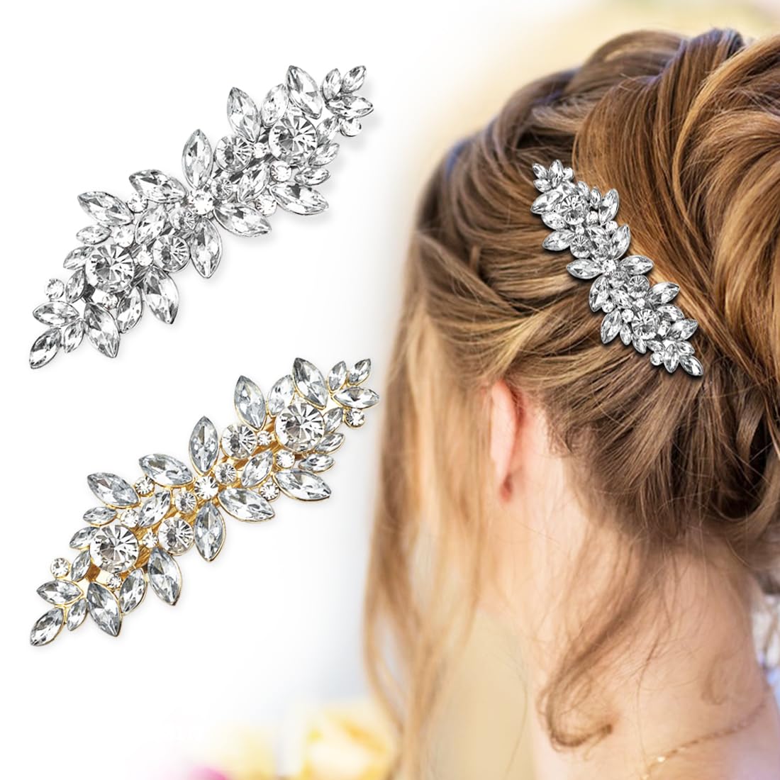 SHSMPXOY 2 PCS Rhinestone Hair Clips,Crystal Barrettes,Fancy Hair Clips for Women,Bridal Hair Accessories Wedding,Pearl Decorative Hairr Clips for Daily Party Prom (Silver Diamonds + Gold Diamonds)