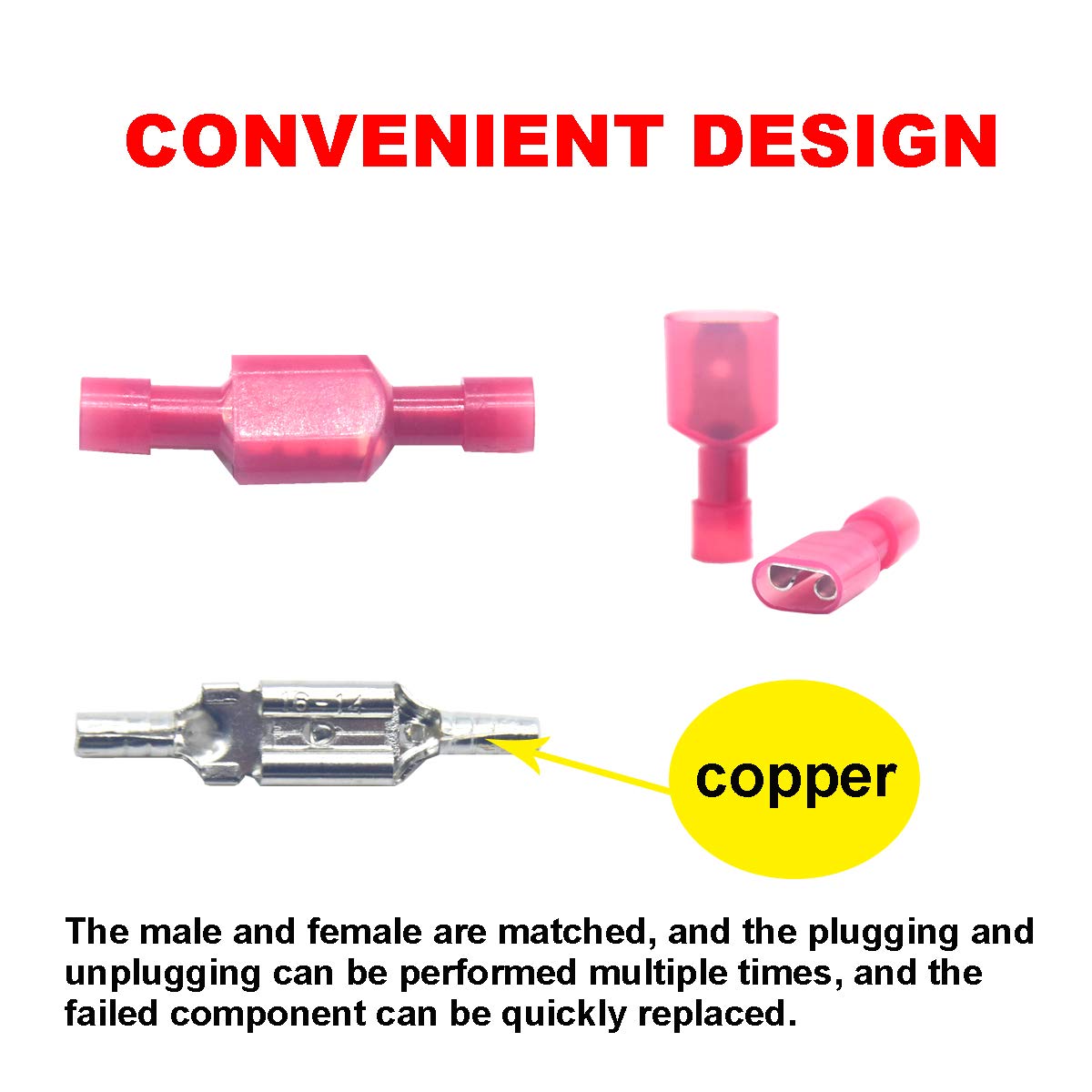 Yosawo 100-Pieces Nylon Fully Insulated Male/Female Spade Wire Crimp Connectors,Quick Disconnects Wire Terminals Connector Assortment Kit AWG 22-16 Red (NLGMH) - Image 4
