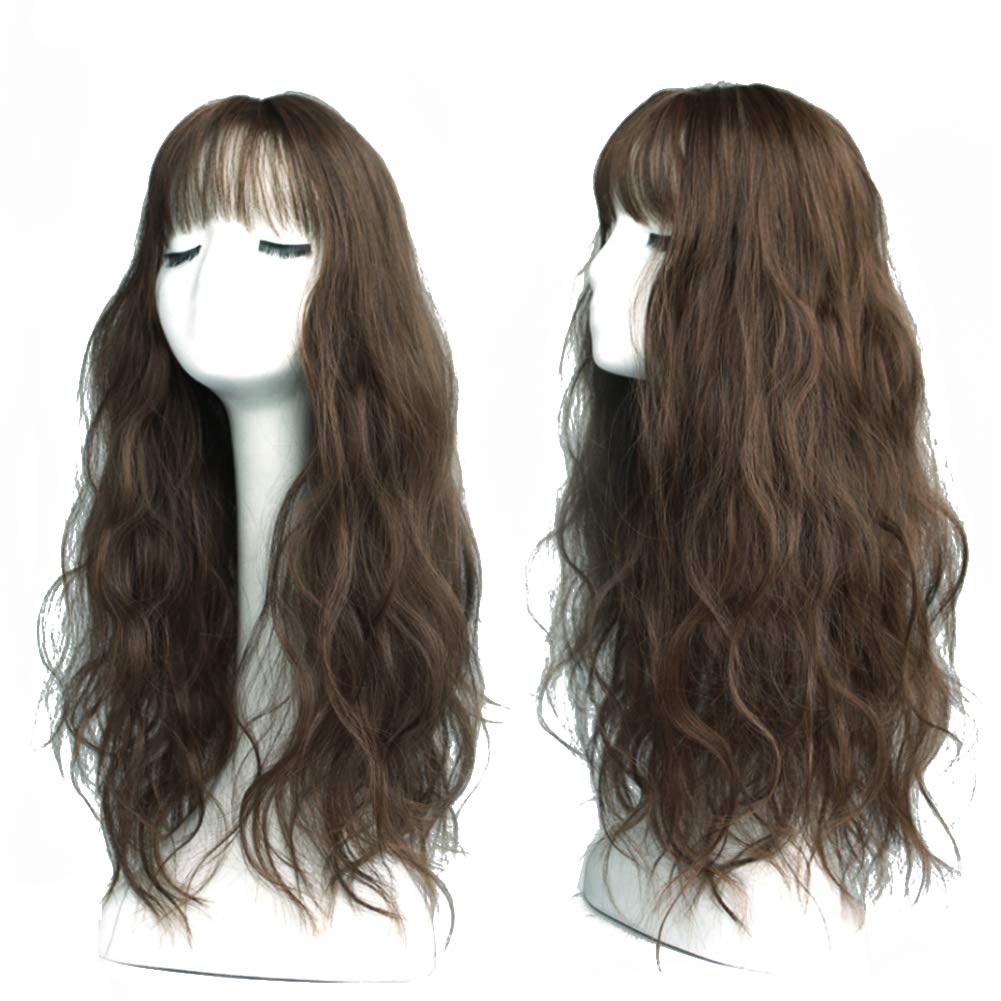 Water Wavy Hair Forehead Piece Clip in Middle Part Topper with Choppy Fringe Thick/45cm, Dark Brown