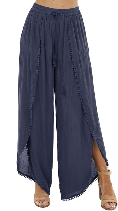 SENSERISE Womens Summer Beach Cover Up Pants Elastic Waist Wide Leg Open Wrap Pants with Tassel 