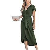 CUPSHE Women's V Neck Wrap Dress Twisted Slit Pleated Waist Tie Short Sleeve Summer Midi Dresses