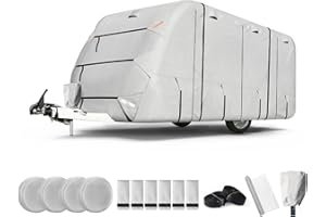 FRUNO Non-wovenTravel Trailer RV Cover 19'7"-22' Water-Resistant Anti-UV Camper Cover for Winter Snow with Jack Cover 4 Tire Covers and Gutter Covers