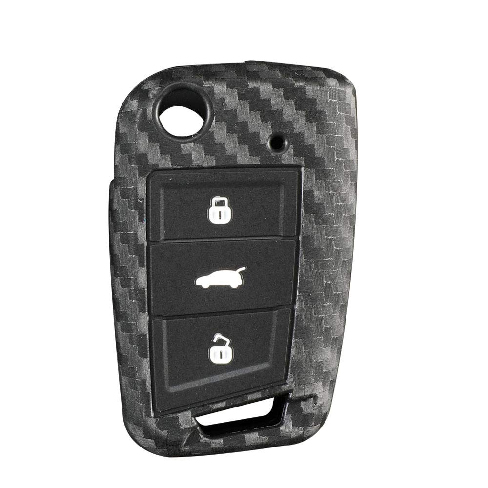 Key Fob Cover Compatible with VW, Carbon Fiber Silicone Key Cover Fob Case Protector Compatible with VW Polo Golf 7 Tiguan Skoda Octavia Kodiaq Karoq SEAT Ateca Leon Ibiza 2015 2016 (B)