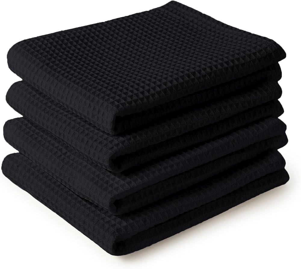 Encasa XO Kitchen Dish Towels Set Black 70x45 cm 4 Pack Waffle Weave