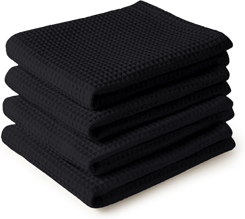 Encasa XO Kitchen Dish Towels Set Black 70x45 cm 4 Pack Waffle Weave