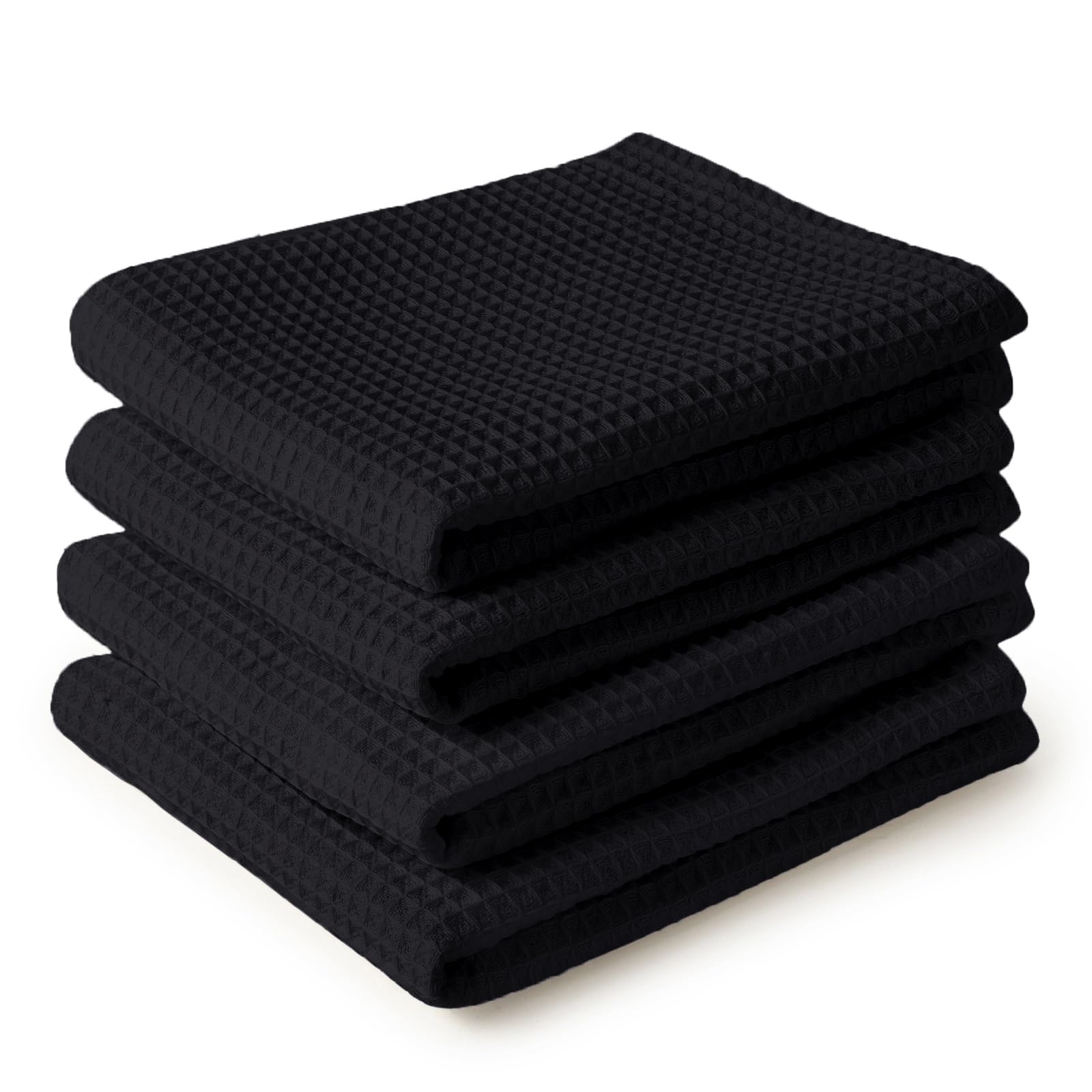 Encasa XO Kitchen Dish Towels Set | Black | Waffle Weave and Flat Hand Tea Towel | 70x45 cm | Quick Drying Reusable Cotton Washcloths | Multipurpose Lightweight Dishcloths Set of 4