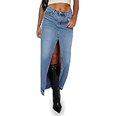 Fisoew Women's Long Denim Maxi Skirts High Waisted Frayed Hem Western Split Jean Skirt Streetwear