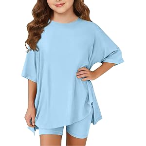 Girls Summer Outfits Casual 𝗟ounge Set Kids Oversized Side Split Shirts and Biker Shorts 2 Piece Clothing Sets Tracksuits