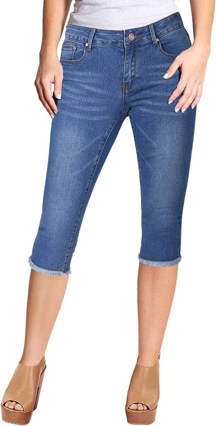 Stretchy 5 Pocket Skinny Mid Rise Capri Ripped Denim Jeans