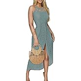 LOVESHOOT Halter Sundresses for Women 2026 Summer Hollow Out Ruched Bodycon High Waist Midi Dresses Casual Crochet Beach Vacation A Line Dress with Slit Green Size M