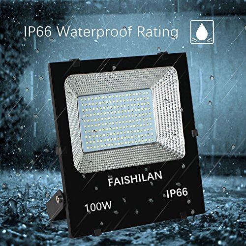 FAISHILAN 100W LED Flood Light-IP66 Waterproof Work Light Outdoor Lamp with US-3 Plug 10000Lm, 6500K Floodlight for Garage, Garden, Lawn and Yard
