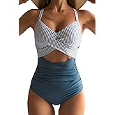 Eomenie Women's One Piece Swimsuits Tummy Control Cutout High Waisted Bathing Suit Wrap Tie Back 1 Piece Swimsuit