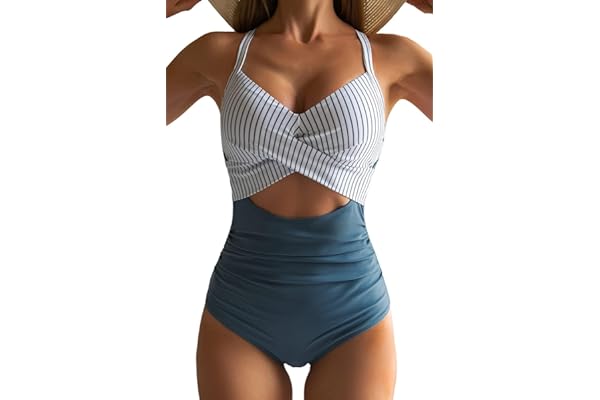Woman modeling a tummy control one piece swimsuit at the pool