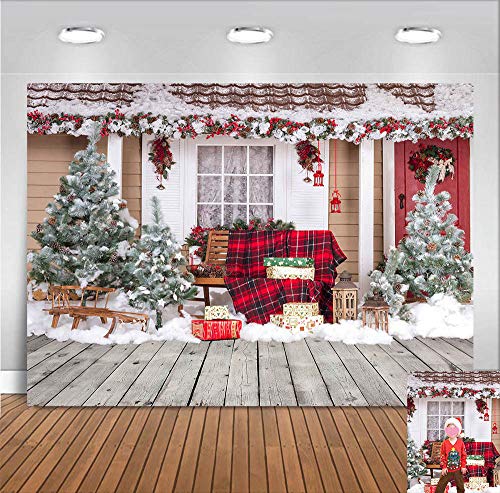 Outdoor House Winter Snow New Year Supplies Photography Backdrop 7x5ft Christmas Tree Lantern Wood Floor Photo Background Family Portraits Party Banner Decorations Photo Booths Studio Props