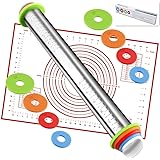Rolling Pin nonstick and Silicone Baking Pastry Mat combo kit, Adjustable Rolling Pin With Thickness Rings, Rolling Pin for B