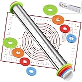 Rolling Pin nonstick and Silicone Baking Pastry Mat combo kit, Adjustable Rolling Pin With Thickness Rings, Rolling Pin for B