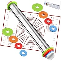 Rolling Pin nonstick and Silicone Baking Pastry Mat combo kit, Adjustable Rolling Pin With Thickness Rings, Rolling Pin…