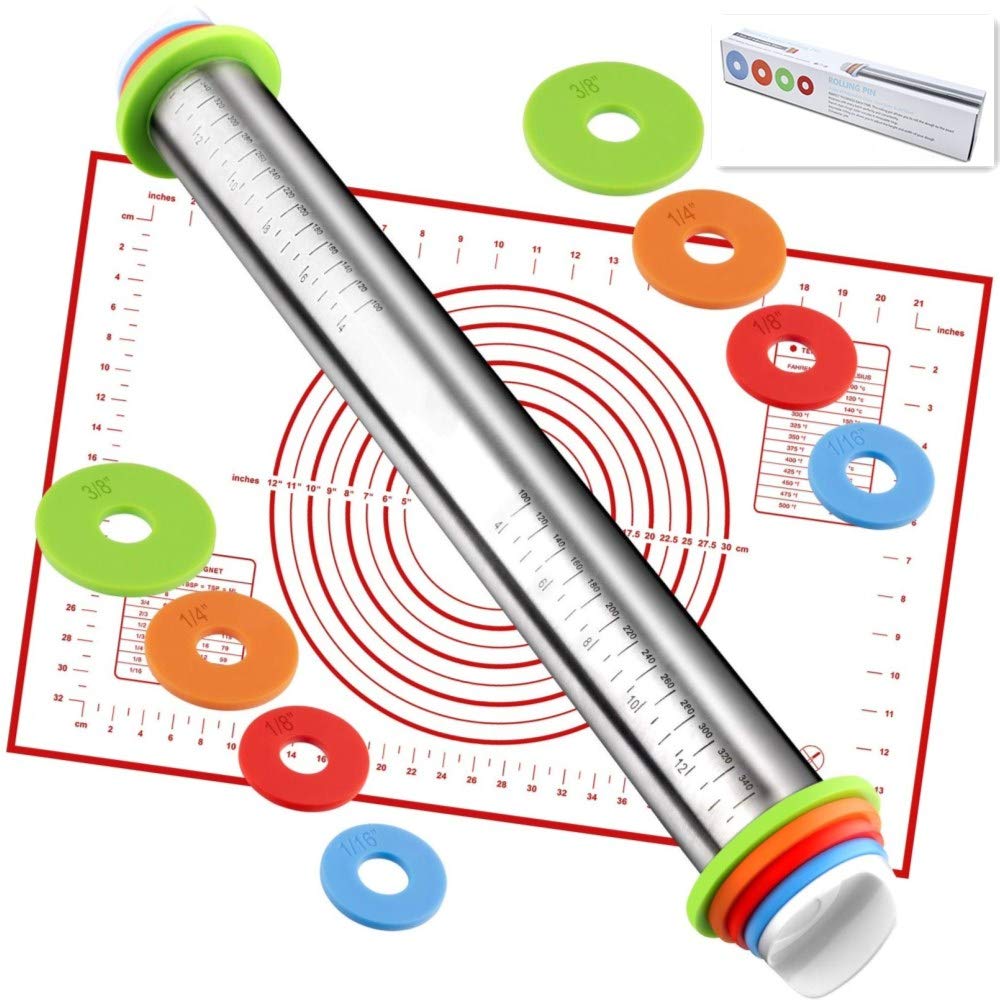 Rolling Pin nonstick and Silicone Baking Pastry Mat combo kit, Adjustable Rolling Pin With Thickness Rings for Baking Fondant, Pizza, Pie, Pastry, Pasta, Dough, Cookies (red)