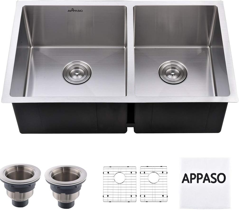 APPASO Norn Pro 32-inch 60/40 Double Bowl Kitchen Sink Undermount, 18 Gauge Stainless Steel 10 inch Deep Commercial Handmade Large Drop-in Kitchen Sink (R321964)