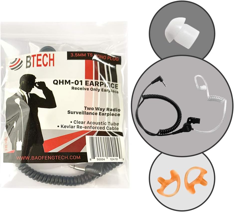 BTECH QHM01 3.5mm Listen-ONLY Heavy-Duty Surveillance Earpiece (Includes earmolds and Earbud) with Clear Acoustic Coil Tube for Two-Way Radios, Transceivers, and Radio Speaker Mics Jacks