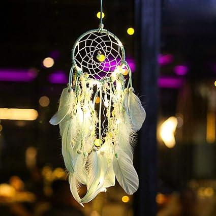 Fancyku Feather Dream Catcher with LED Lights Circular Net for Kids Bed Room Wall Hanging Decoration Decor Ornament Craft (Green)