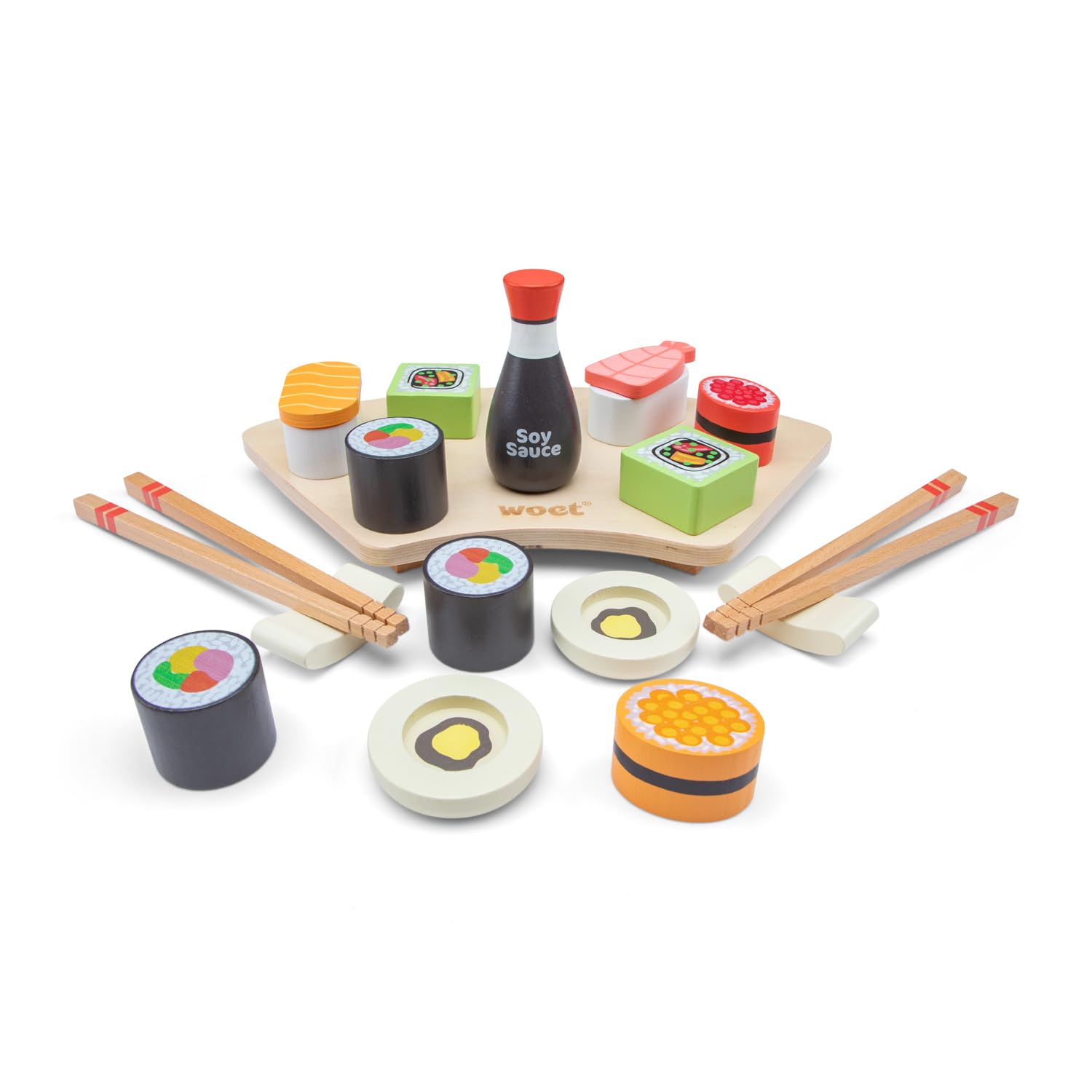 Woet® Wooden Toy Sushi Set for Kids - Pretend Play Food with Sushi, Soy Sauce and Wasabi - Includes Chopsticks and Serving Board - Role Play Kitchen Toy - Age 3 Years+