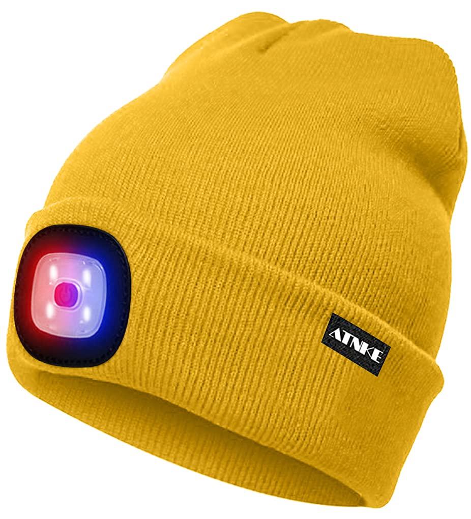 ATNKE LED Lighted Beanie Cap,USB Rechargeable 4 LED Red and Blue Glow Flashing Running Headlamp Hat Winter Warm Gifts for Men and Women/Yellow