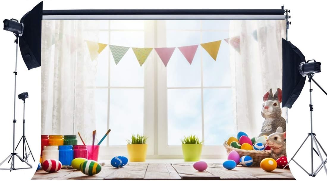 Haosphoto Happy Easter Backdrop 7X5FT Vinyl Frohe Ostern Backdrops Eggs Hunt Bunny Banner Paintbrush Interior Window Spring Jesus Christ Photography Background for Boys Girls Photo Studio Prop QB210
