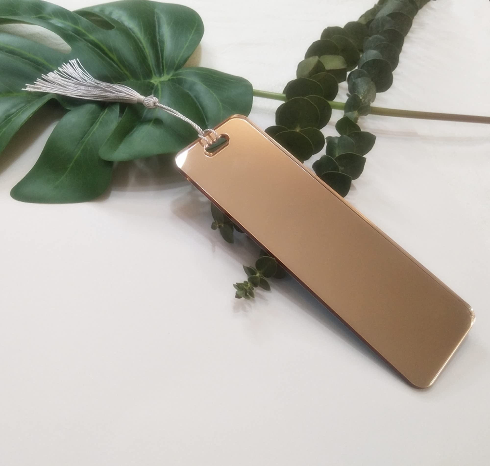 10pcs Mirror Acrylic Bookmark,Acrylic Rectangular Bookmark Banks,Blank Mirrored Acrylic Sheet,Acrylic Blank Bookmark with Tassels for DIY Projects and Present Tags (Rose Gold Mirror)