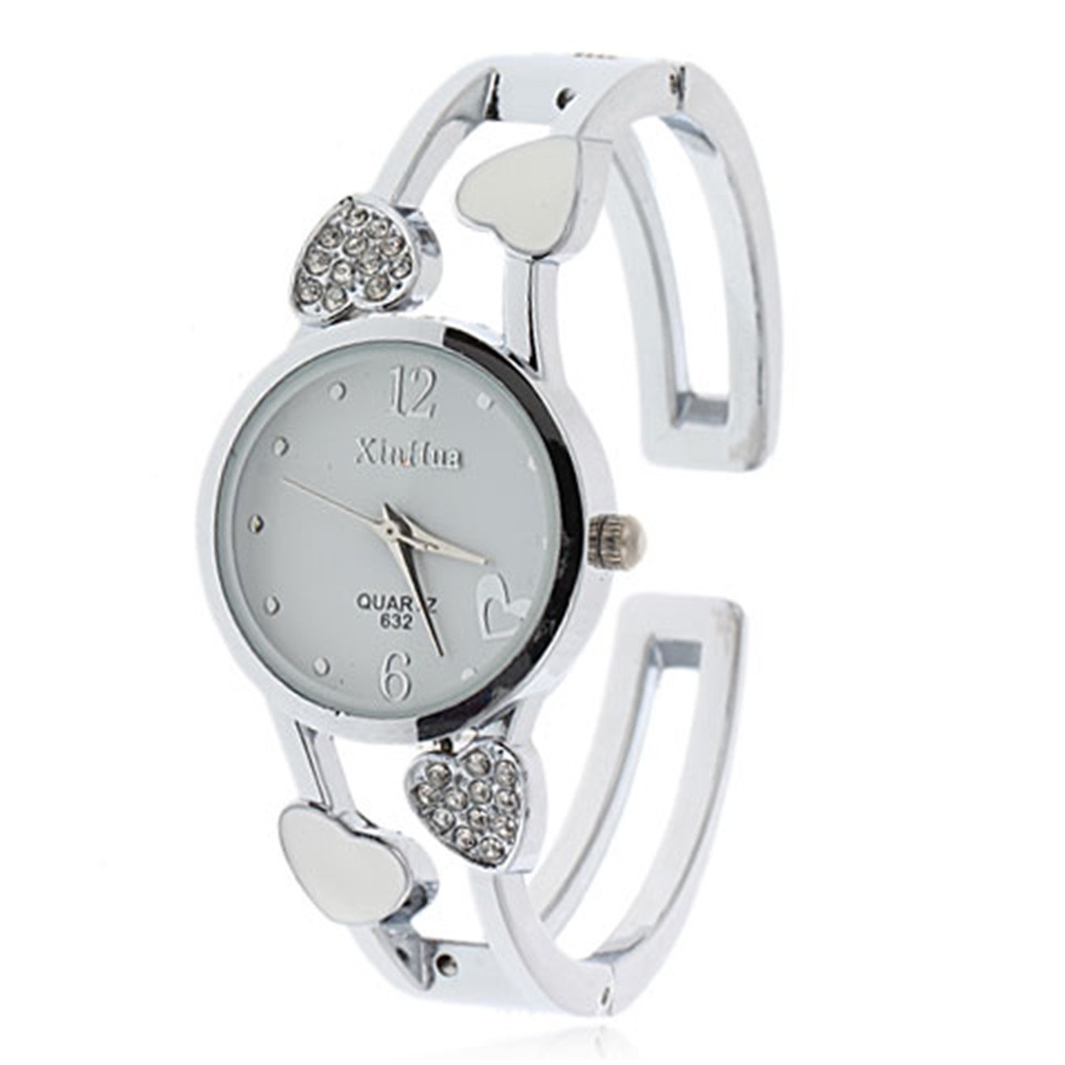 Mixe Ladies Girls Steel Bangle Watch Diamond Shape Dial Gift for Dress Party ME409 (Love Heart - White)