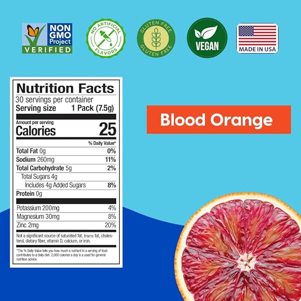 HYDRANT HYDRATE, INDIVIDUAL HYDRATION ELECTROLYTE POWDER STICK PACKETS WITH NO ARTIFICIAL SWEETENERS, COLORS, OR FILLERS (BLOOD ORANGE, 8 PACK)