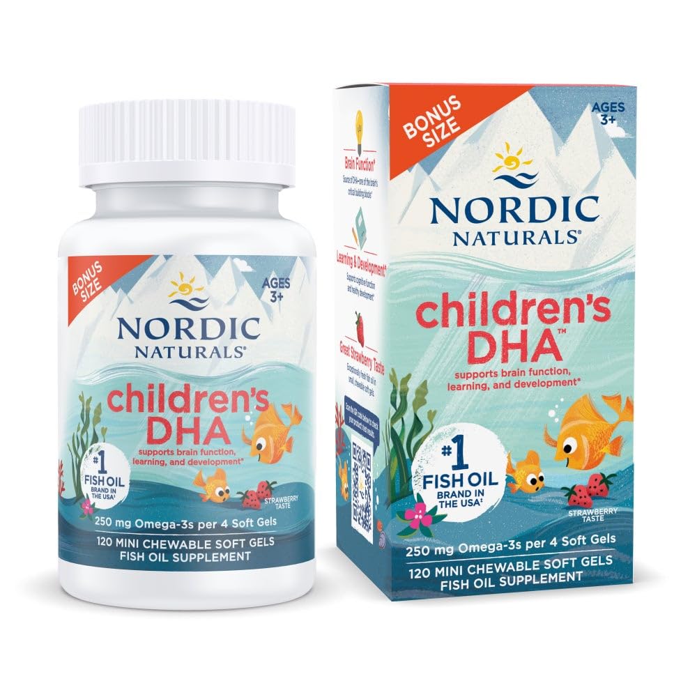 Nordic Naturals Children’s DHA, Strawberry - 120 Mini Chewable Soft Gels for Kids - 250 mg Omega-3 with EPA & DHA - Brain Development & Function - Non-GMO - 30 Servings