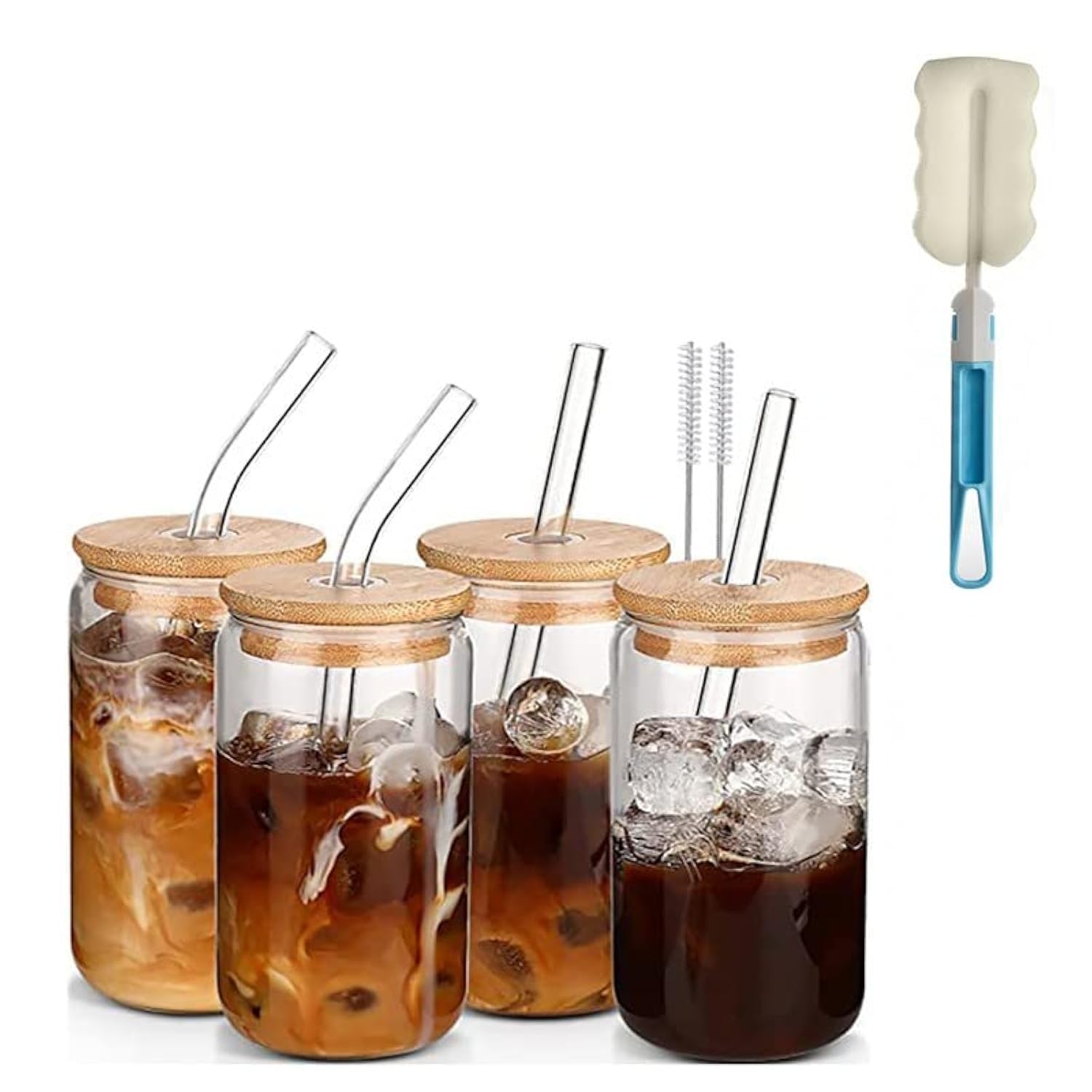 17OZ Glass Cups with Bamboo Lids and Glass Straw, Reusable Can Shaped Drinking Glasses with Lids and Straws & Brush,Wide Mouth Mason Jar Glass Cups for Smoothies, Tea, Cola, Juice, Soda (4 Pack)
