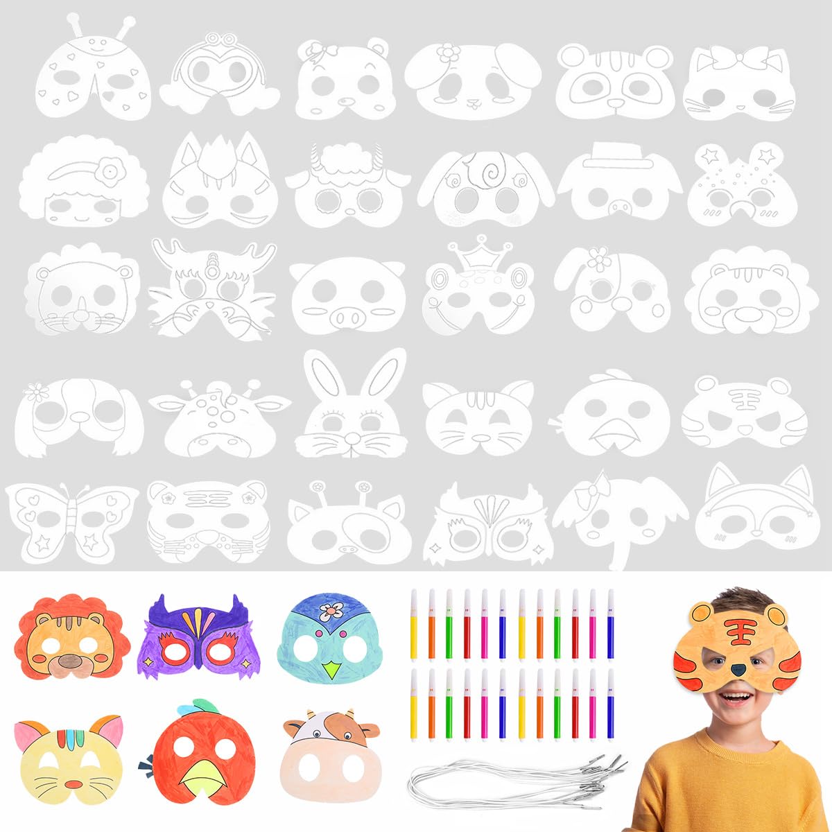 Cragmut 32 Pieces Animal Masks for Children, Coloring DIY Blank Masks Animal Mask Set with Cords and Colorful Pens for Halloween, Christmas, Stage Performances, Theme Parties, Carnival