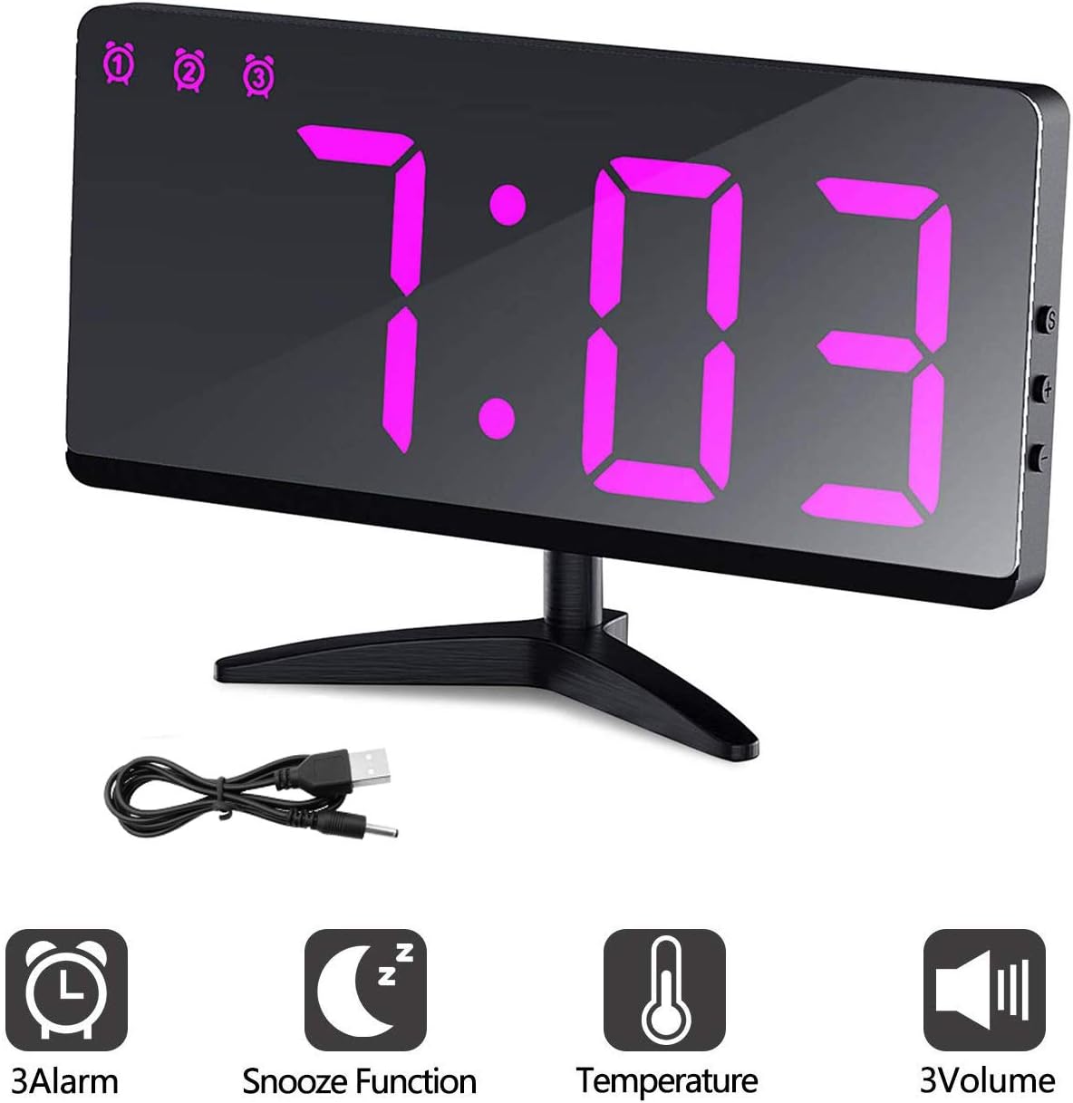 EVILTO Table Alarm Clock, 6.8" Mirror Surface Decorative Digital Modern Alarm Clock with Temperature, 12/24H Mode, Snooze, Dimmer,Adjustable Alarm Volume for Room Decor(Pink)