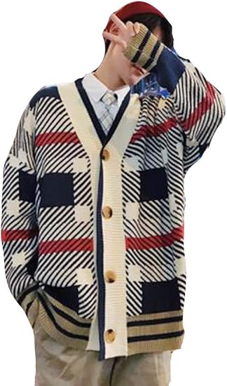 Amazon Debangni メンズ チェック柄 カーディガン 秋冬 セーター カーディガン 長袖 バイカラー Vネック ストリート ニット カーディガン ゆったり 大きめ カジュアル トップス 韓国風 カーディガン 通販