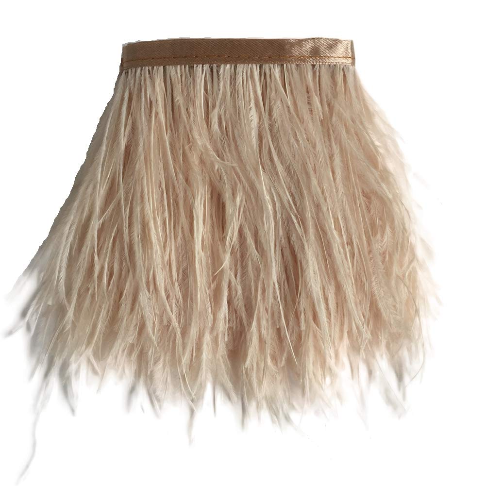 Sowder Ostrich Feathers Trims Fringe with Satin Ribbon Tape for Dress Sewing Crafts Costumes Decoration Pack of 2 Yards(Champagne)
