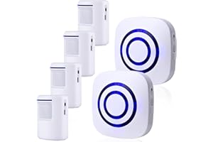 BESTOONE Motion Sensor Alarm, Long Range Wireless Driveway Alarm, Indoor Home Security System Electric Doorbells, 4 Motion Detector and 2 Alarm, 38 Chime Tunes, LED Indicator